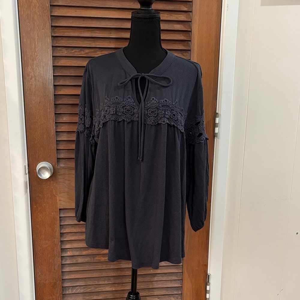 Susina Charcoal Lace Accent Blouse